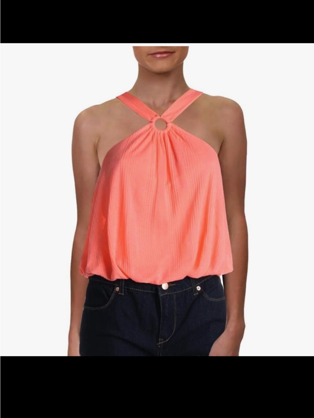 Free People Just A Fling Coral Electric Halter Ring Ribbed Bubble Tank Top Sz L
